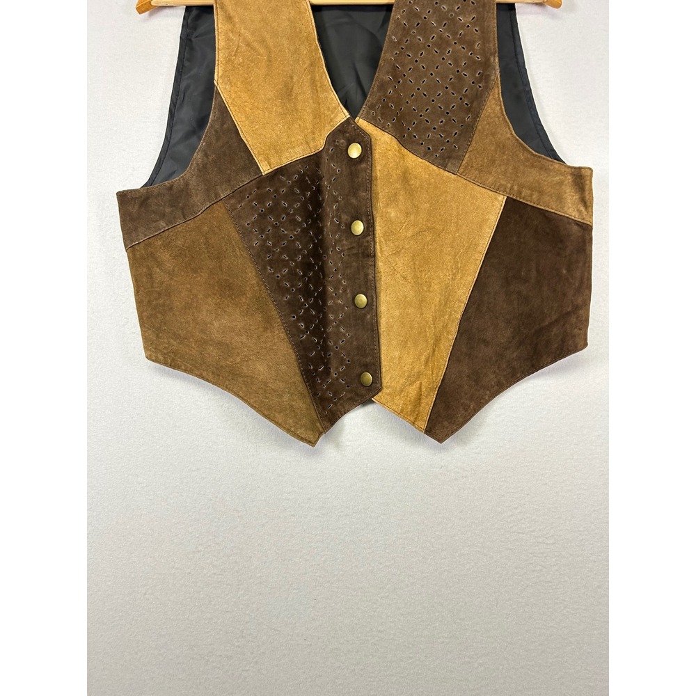 Western Boho Vintage Unbranded Women M/L Brown Patchwork Suede Leather Vest Snap - Picture 6 of 8